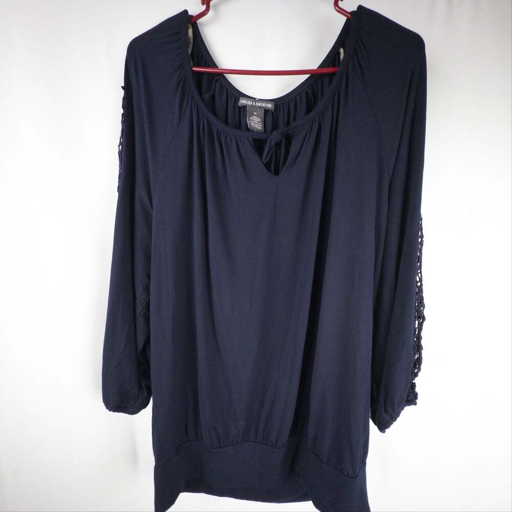 Chelsea & Theodore Women's Navy Blue Long Sleeve Blouse with Crochet Lace Sleeve